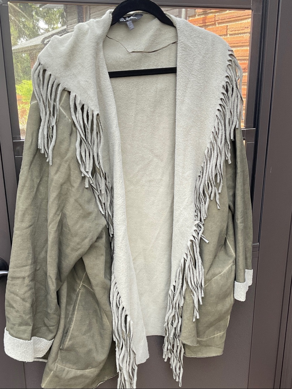 Ulla Popken Olive Green and Cream Fringe Open-Front Poncho Cardigan